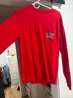 Vineyard Vines Bright Red Long Sleeve Pocket Tee with Whale Patch